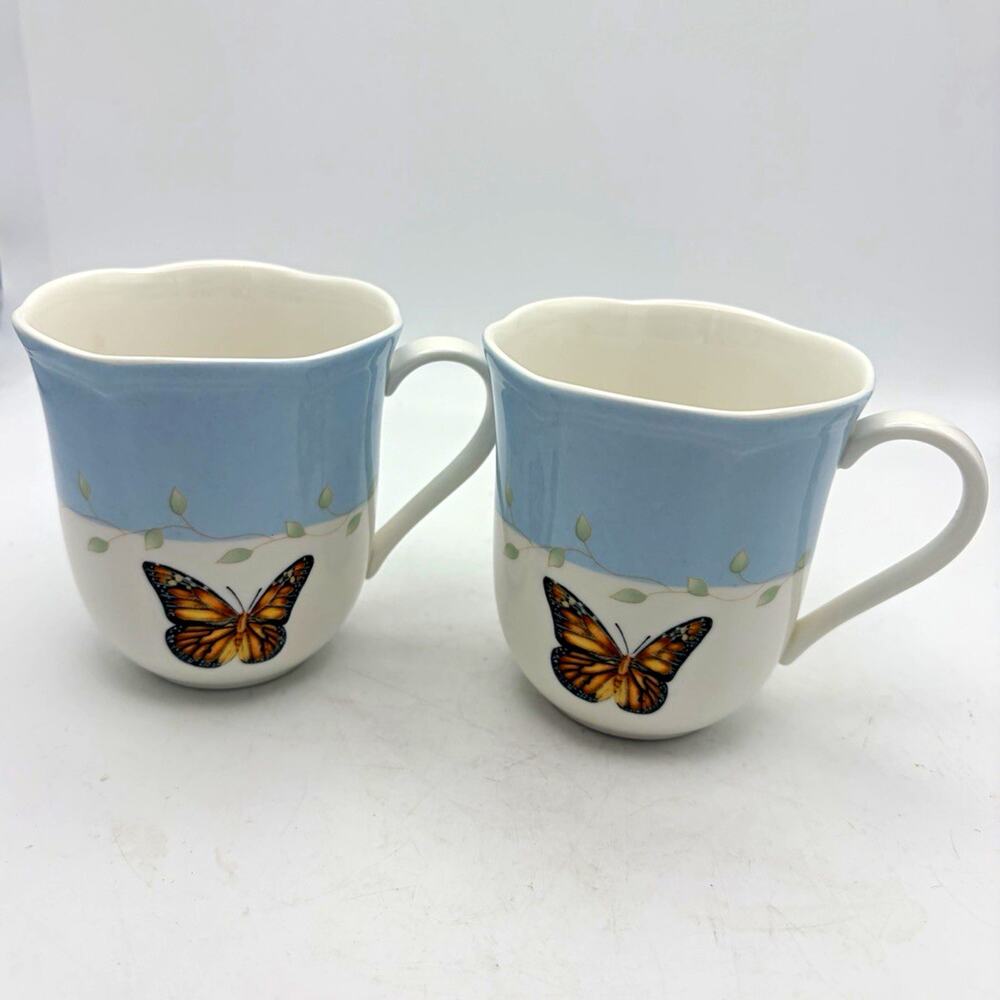 Lenox Butterfly Meadow Blue & White Porcelain Mugs Set of 2 Butterfly Decor